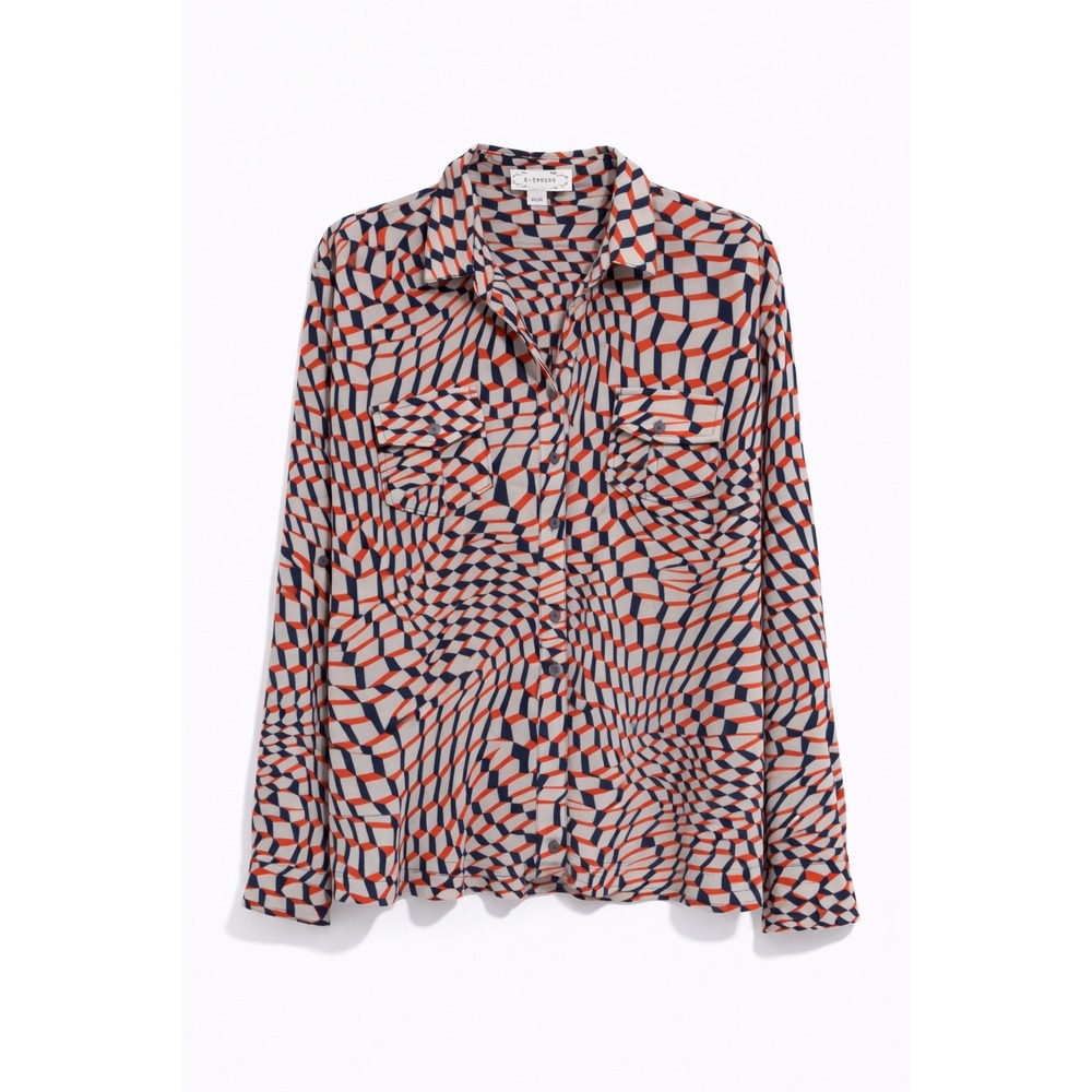 S-Twelve Geometric Print Button Down Blouse Retro Mod Top Large Chic Artsy Bold‎